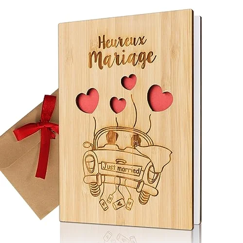Carte vœux mariage bois enveloppe Rouges Harmonieux Occasion