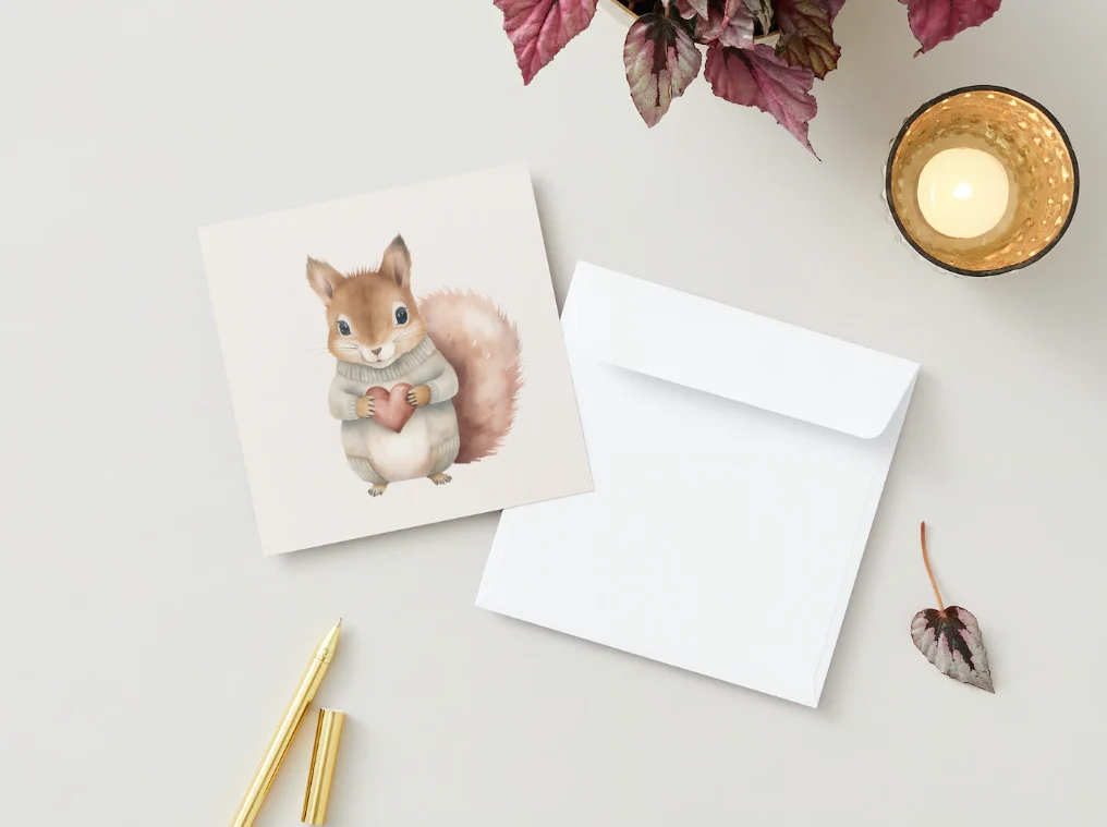Carte de souhaits - Écureuil et cœur - Veille sur toi - Boutique Maman & Bébé – Produits Essentiels au Postale Quotidien