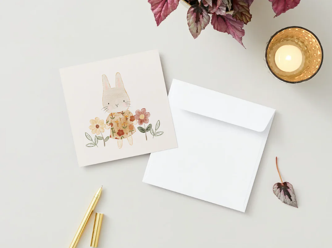 Carte souhaits Lapine fleurs Veille Boutique Maman Bébé Produits Essentiels Quotidien