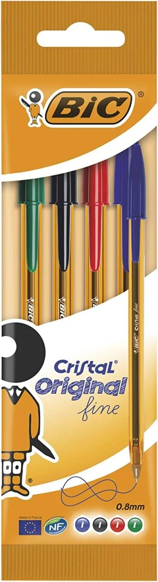 Paquet de 4 stylos à bille cristal original pointe fine (0,8 mm), Couleurs Grip Assorties – BIC - Organisation de la maison avec des solutions de rangement