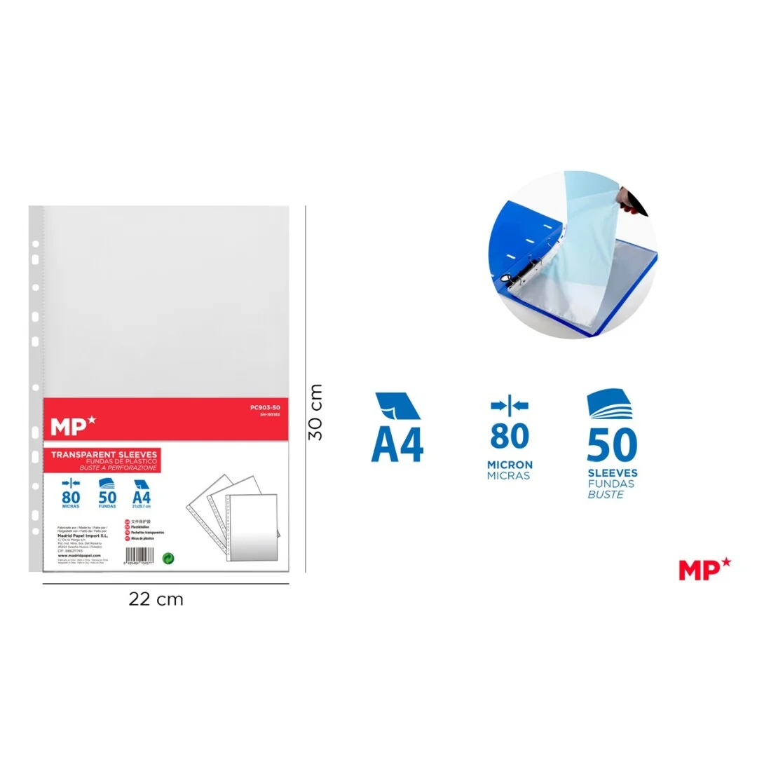 Feuille plastique transparente multi-perforée en polypropylène 80 microns, Paquet de 50 pochettes. - Organisation de la maison avec des solutions de rangement Enseigne Rouge Papier | POCHETTE OXFORD POLYPROPYLÈNE LISSE 9/100E PERFORÉE  USAGE INTENSIF A4 210X297MM BOÎTE 100 UNITÉS
