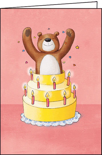 CARTE DE SOUHAITS OURS DANS UN GÂTEAU - Boutique Maman & Bébé – Produits Essentiels au Quotidien - Petit ours brun