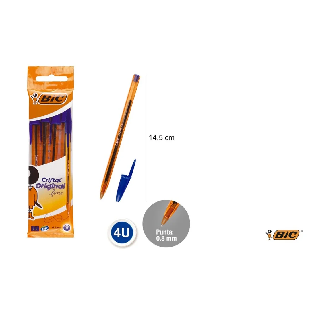 Paquet de 4 stylo cristal fine 0.8mm bleu – Bic - Organisation de la maison avec des solutions de rangement - {'count': 9, 'name': 'Fournitures'}