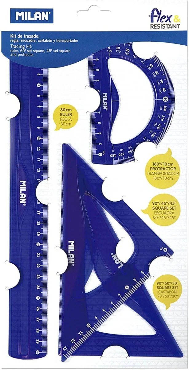 Kit de traçage avec règle de 30 cm, carré, biseau et rapporteur – Milan - Organisation de la maison avec des solutions de rangement Kit de traçage avec règle, équerre, triangle et rapporteur New Look MILAN -  Stikets