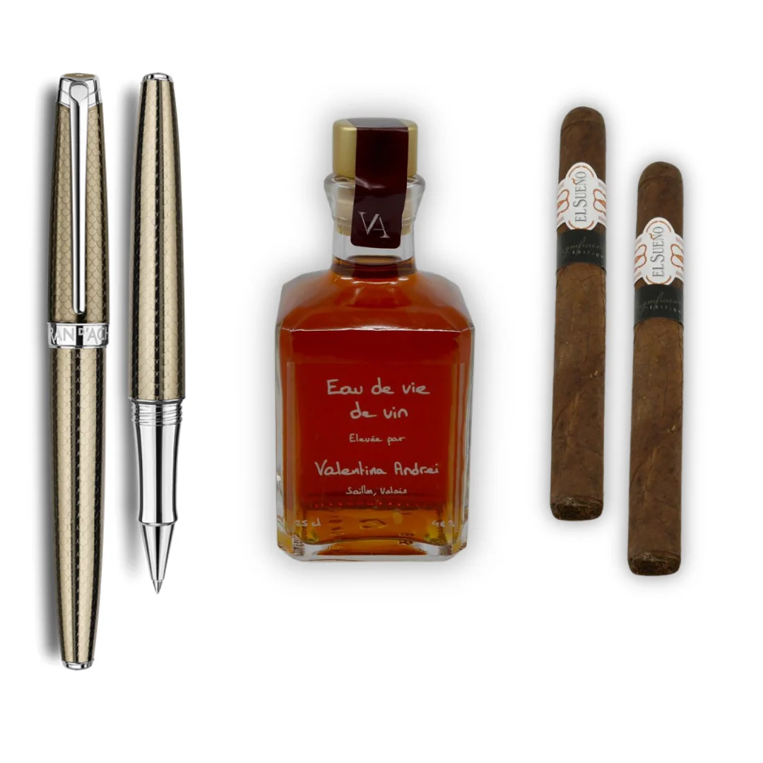 Stylo Léman roller Caviar + Magnificien’s avec 2 cigares et Génépi - Vins Rouges Harmonieux pour Chaque Occasion Genépi Finish - Whisky - Bigallet