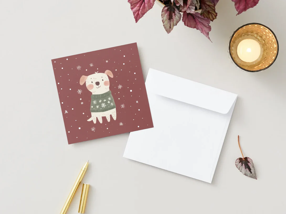Carte de souhaits de Noël - Chien hivernal - Veille sur toi - Boutique Maman & Bébé – Produits Essentiels au Quotidien Petite fille aux fleurs et vœux de 2026 - envoi rapide