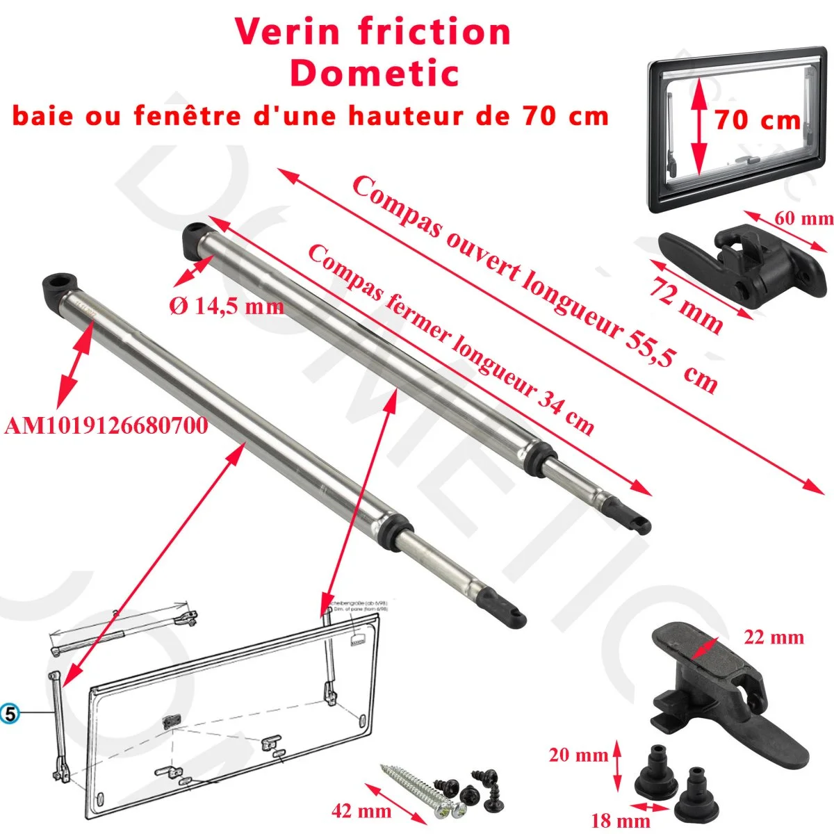 Paire compas friction vérins AM1019126680700 poignée baies S4 hauteur cm Dometic Seitz Accessoires Outdoor Liberté Mouvement