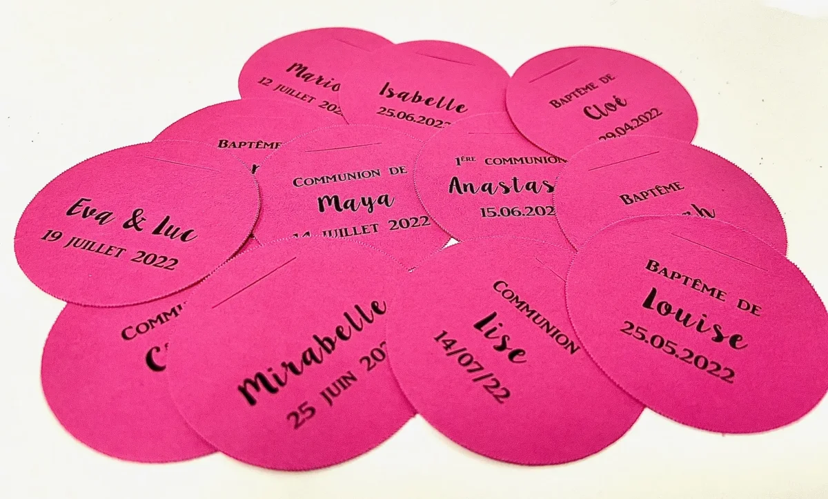 Étiquette à Dragées Personnalisée – Ronde – Fuchsia – Lot de 12 - Support ​Boulangerie-Pâtisserie | Pain au Levain & Viennoiseries